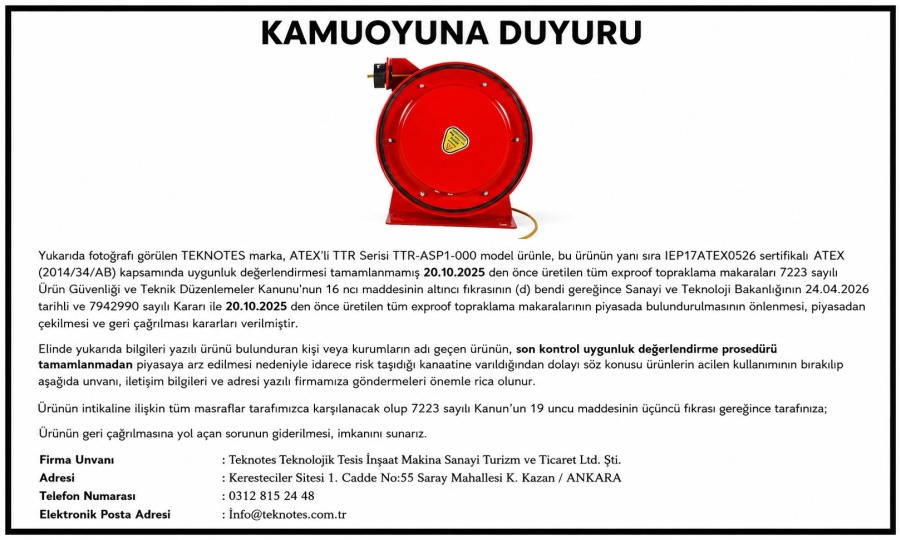 TEKNOTES Ürün Geri Çağırma ve Teknik Düzeltme Duyurusu